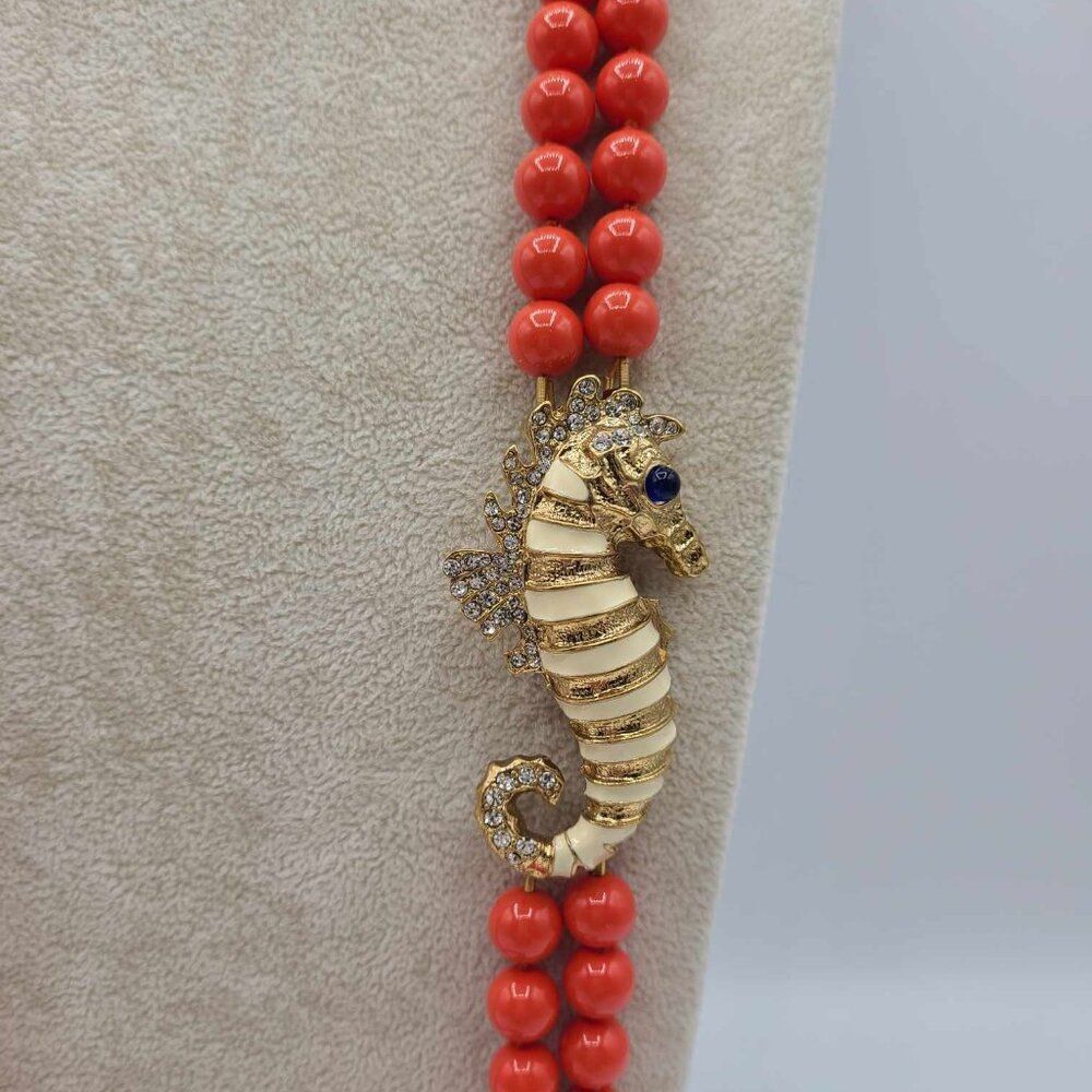 J Crew Reddish Orange Double Strand Beads with Gold Tone Crystal Seahorse - Picture 7 of 8